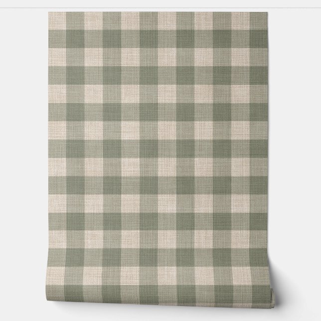 Rustic Linen Buffalo Check Beige and Green Plaid 壁紙 (ほどく)