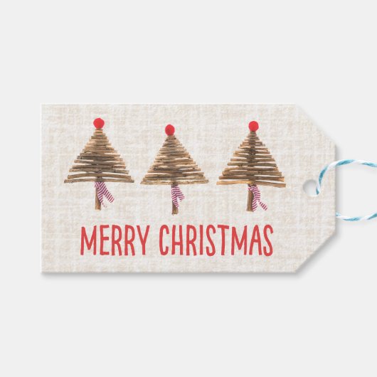 Rustic Linen Christmas Trees – Cozy Scandinavian ギフトタグ (正面(横))