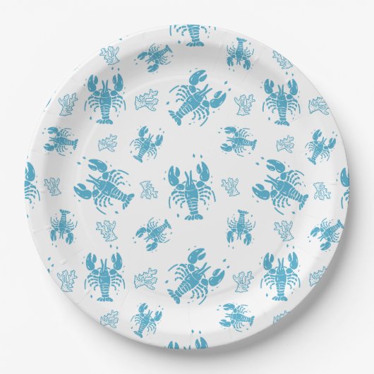Rustic Lobster Nautical Block Print Pattern ペーパープレート (正面)