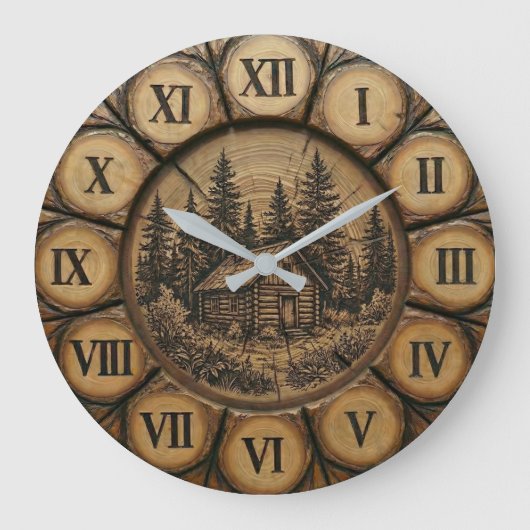 Rustic Log Cabin Wall Clock | Wood-Look Forest ラージ壁時計 (正面)