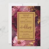 Rustic Luxury Burgundy Gold Floral Wedding Invites 招待状 (正面)
