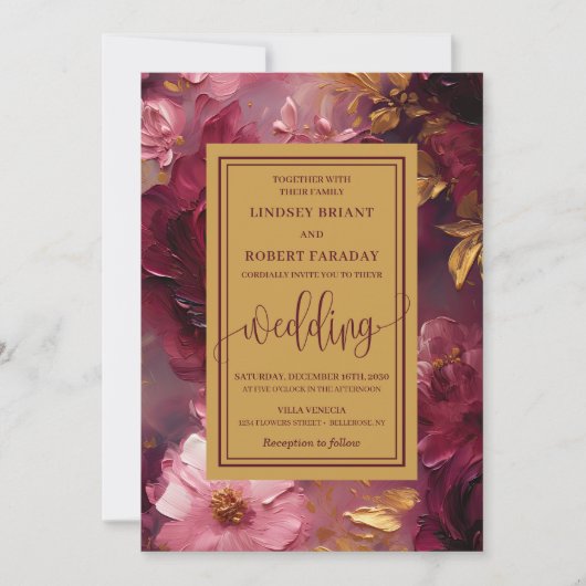 Rustic Luxury Burgundy Gold Floral Wedding Invites 招待状 (正面)