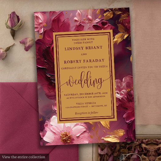Rustic Luxury Burgundy Gold Floral Wedding Invites 招待状