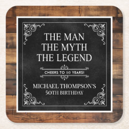 Rustic Man Myth Legend 50th Birthday Black スクエアペーパーコースター