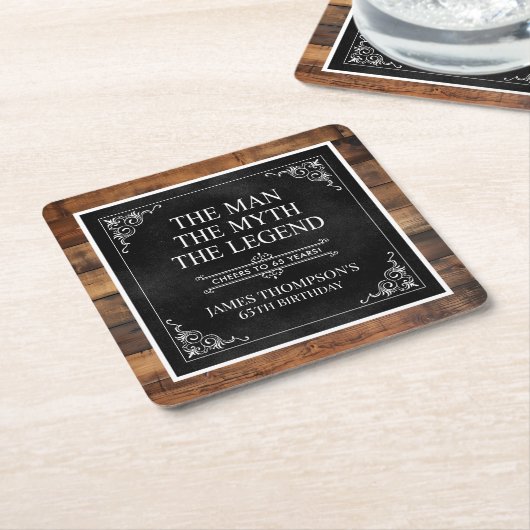 Rustic Man Myth Legend 65th Birthday Black スクエアペーパーコースター (アングル)