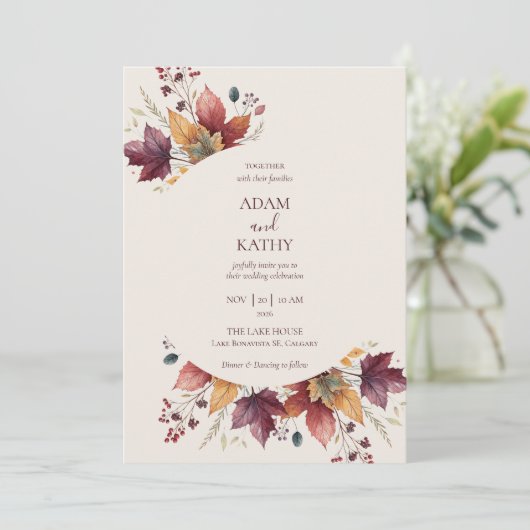 Rustic Maple Leaf Arch Fall Wedding Invitation 招待状 (スタンド正面)