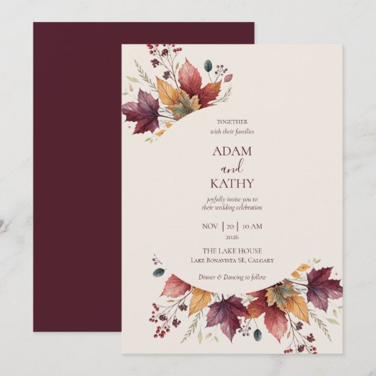 Rustic Maple Leaf Arch Fall Wedding Invitation 招待状 (正面/裏面)