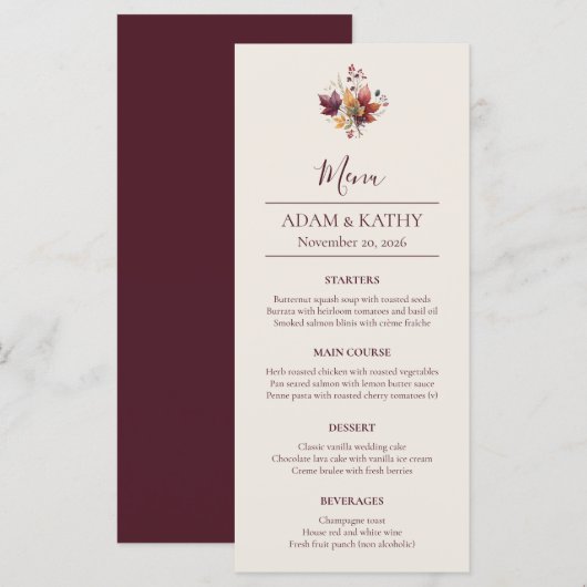 Rustic Maple Leaf Fall Wedding Menu Card メニュー (正面/裏面)