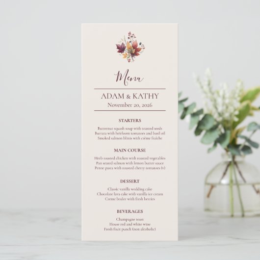 Rustic Maple Leaf Fall Wedding Menu Card メニュー (スタンド正面)