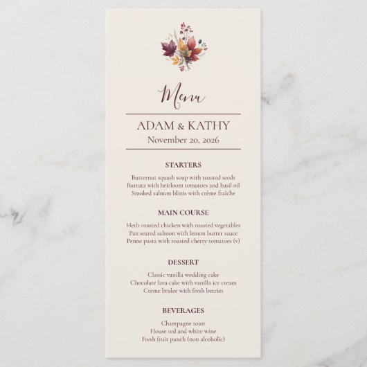 Rustic Maple Leaf Fall Wedding Menu Card メニュー (正面)