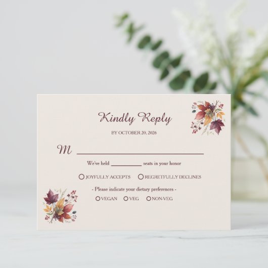 Rustic Maple Leaf Fall Wedding RSVP Card (スタンド正面)