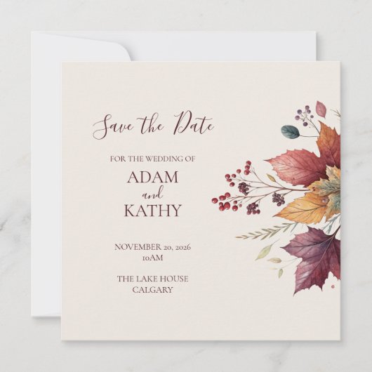 Rustic Maple Leaf Fall Wedding Save the Date Card セーブザデート (正面)