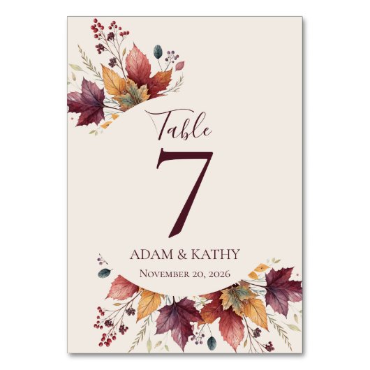 Rustic Maple Leaf Fall Wedding Table Numbers テーブルナンバー (正面)