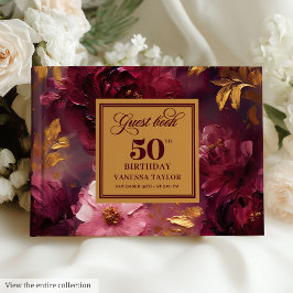 Rustic Maroon Blush Gold Flowers 50th Birthday ゲストブック
