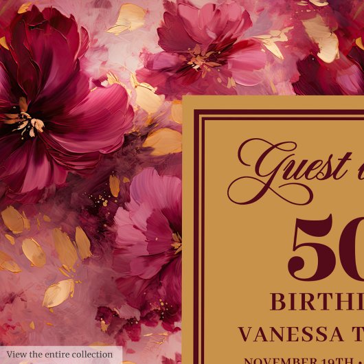 Rustic Maroon Blush Gold Flowers 50th Birthday ゲストブック
