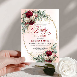 Rustic Marsala Floral Gold Baby Shower Invitation 招待状