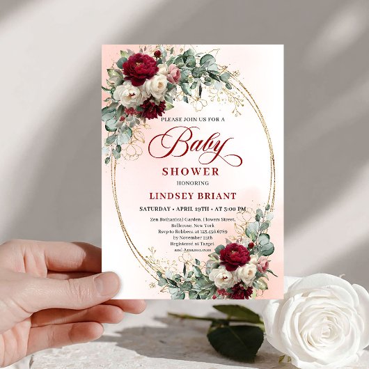 Rustic Marsala Floral Gold Baby Shower Invitation 招待状