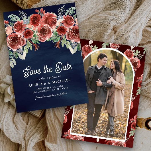 Rustic Marsala Floral Photo Navy Blue Wedding セーブザデート