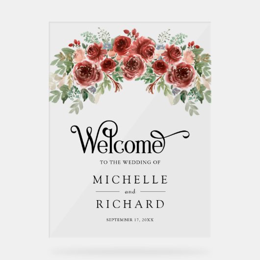 Rustic Marsala Floral Wedding Welcome アクリルサイン (正面)