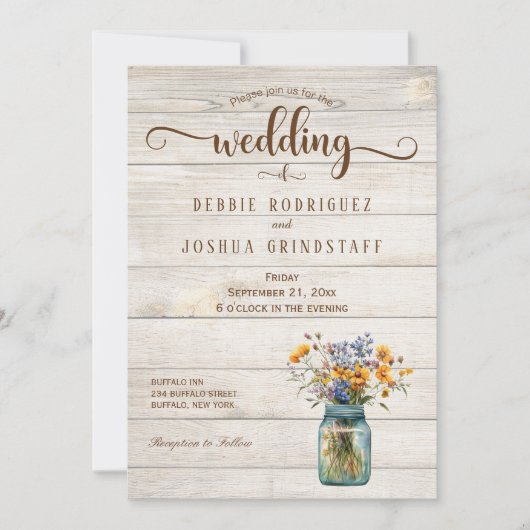 Rustic Mason Jar Floral on Wood Wedding Invitation 招待状 (正面)