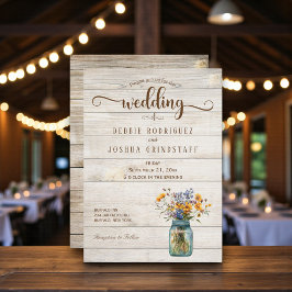 Rustic Mason Jar Floral on Wood Wedding Invitation 招待状