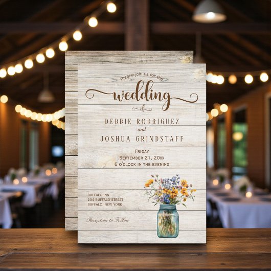Rustic Mason Jar Floral on Wood Wedding Invitation 招待状