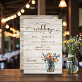 Rustic Mason Jar Floral on Wood Wedding Invitation 招待状
