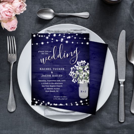 Rustic Mason Jar Lights Navy Blue Wedding Invite