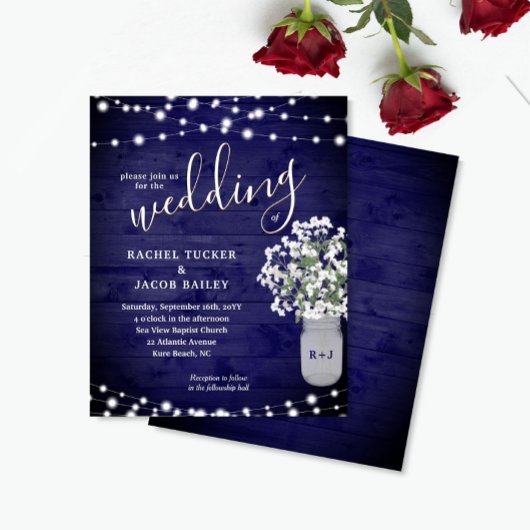 Rustic Mason Jar Lights Navy Blue Wedding Invite