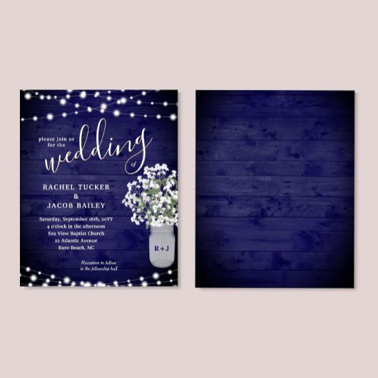 Rustic Mason Jar Lights Navy Blue Wedding Invite