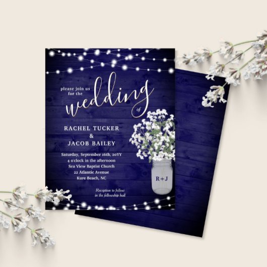 Rustic Mason Jar Lights Navy Blue Wedding Invite