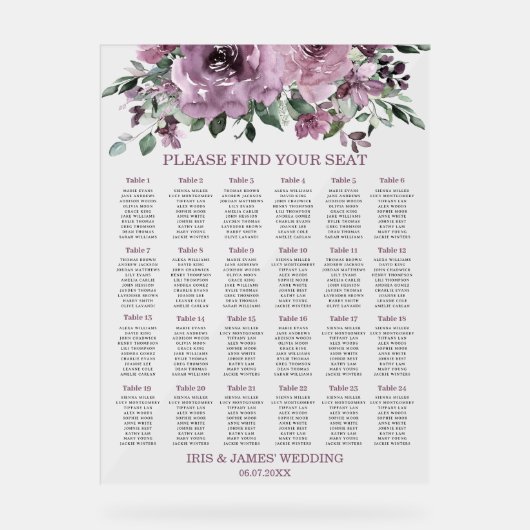 Rustic Mauve Plum Purple Floral Wedding Seating アクリルサイン (正面)