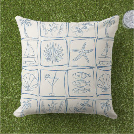 Rustic Mediterranean Coastal Tile Linen Cobalt アウトドアクッション