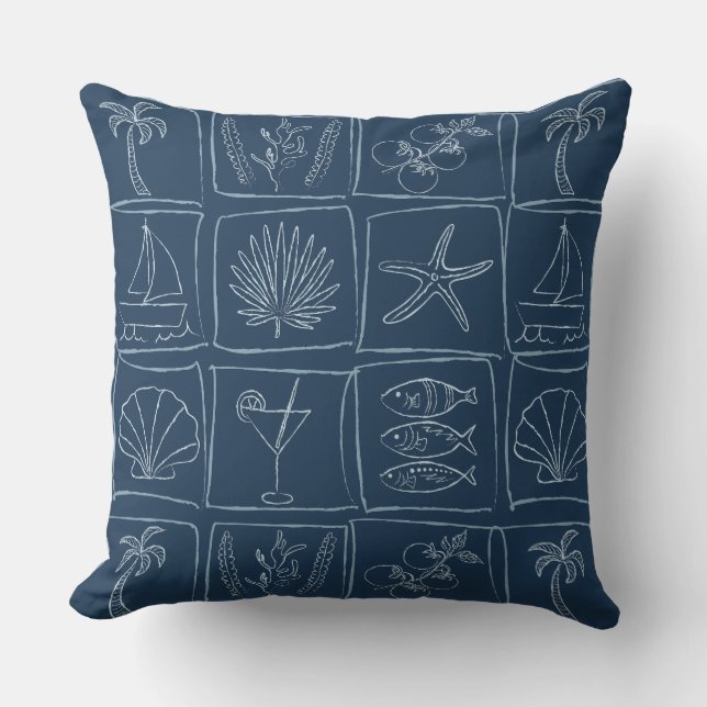 Rustic Mediterranean Coastal Tile Nautical Navy アウトドアクッション (正面)