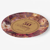 Rustic Merlot Blush Gold Flowers 50th Birthday  ペーパープレート (アングル)
