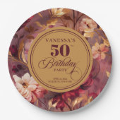 Rustic Merlot Blush Gold Flowers 50th Birthday  ペーパープレート (正面)