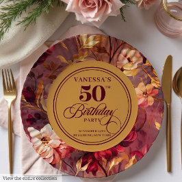 Rustic Merlot Blush Gold Flowers 50th Birthday  ペーパープレート