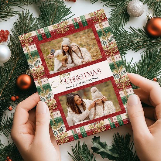 Rustic Merry Christmas Botanical Plaid 2 Photo シーズンカード