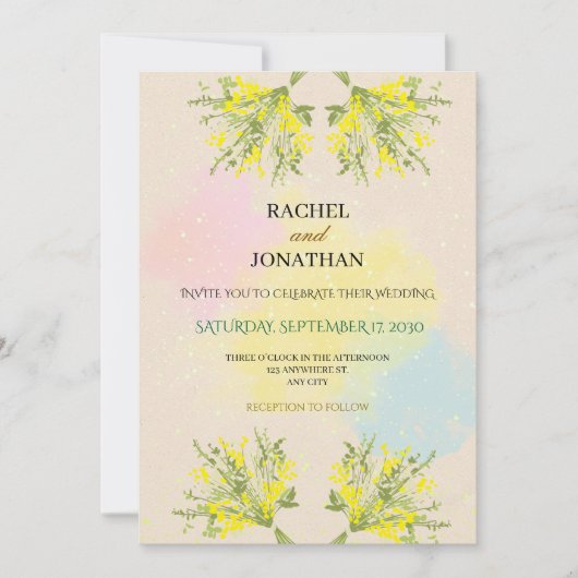 Rustic Mimosa Floral Watercolor Wedding Invitation 招待状 (正面)