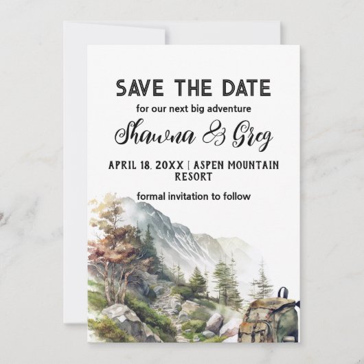 Rustic Minimalist Backpack Mountain Save the Date 招待状 (正面)