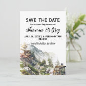 Rustic Minimalist Backpack Mountain Save the Date 招待状 (スタンド正面)