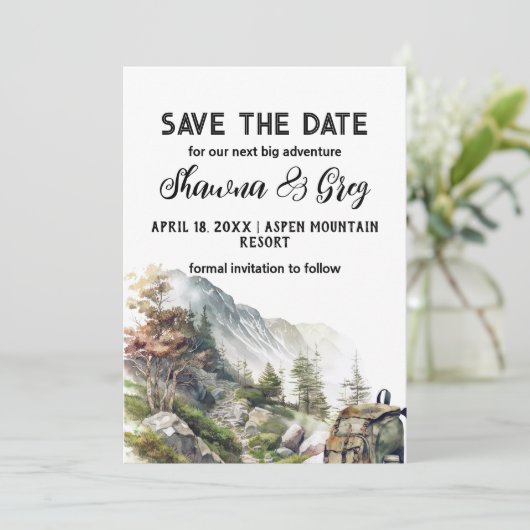 Rustic Minimalist Backpack Mountain Save the Date 招待状 (スタンド正面)