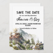 Rustic Minimalist Backpack Mountain Save the Date 招待状 (正面/裏面)