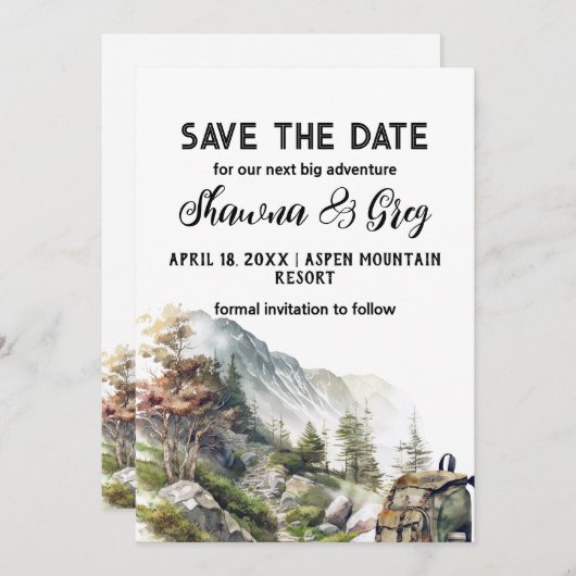 Rustic Minimalist Backpack Mountain Save the Date 招待状 (正面/裏面)