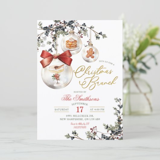 Rustic Minimalist Baubles Christmas Brunch 招待状 (スタンド正面)