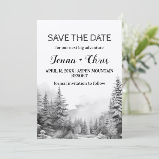 Rustic Minimalist Winter Mountain Save the Date 招待状 (スタンド正面)