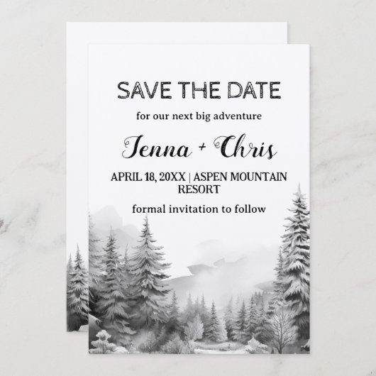Rustic Minimalist Winter Mountain Save the Date 招待状 (正面/裏面)