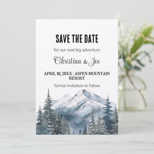 Rustic Minimalist Winter Mountain Save the Date  招待状 (スタンド正面)