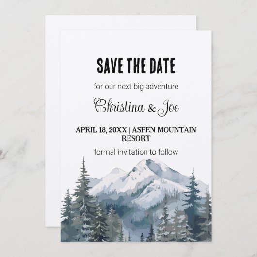 Rustic Minimalist Winter Mountain Save the Date  招待状 (正面/裏面)