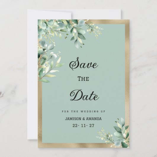 Rustic mint gold eucalyptus leaves Save The Date 招待状 (正面)